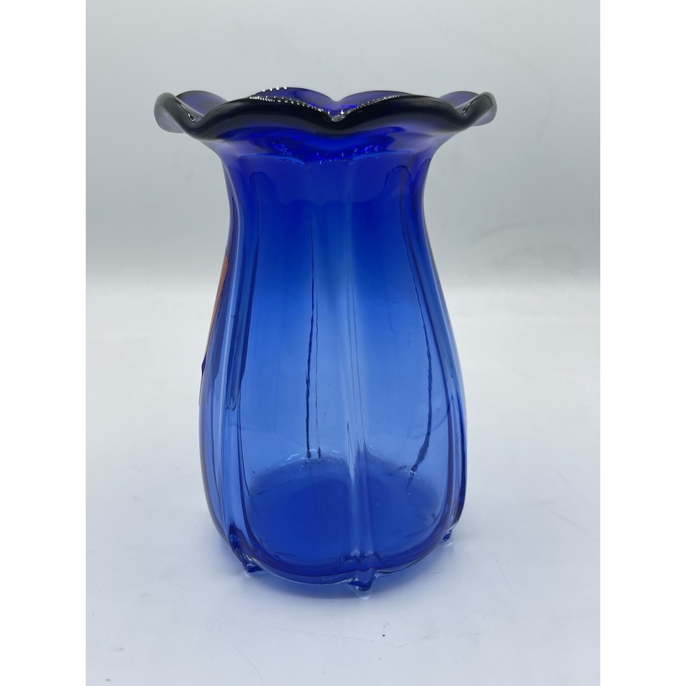 MCM Mid Century Modern Glass Small Cobalt Blue Ribbed Ruffle Edge Vase